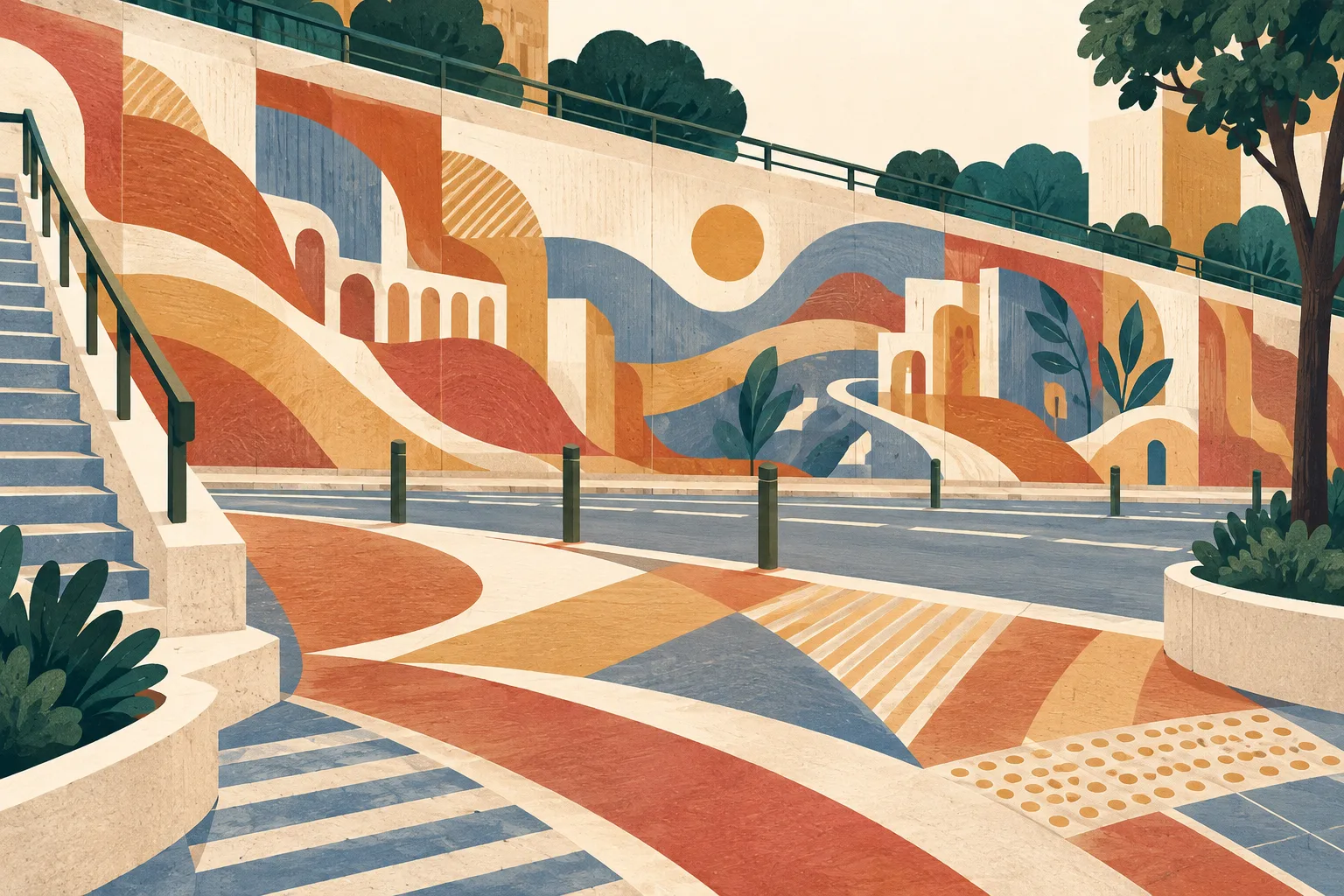 A broad retaining wall with an abstract mural band stands beside patterned pavement, linked by soft geometric forms suggesting projected light. Layered terracotta, ochre, cream and slate blue shapes create a lively street scene.