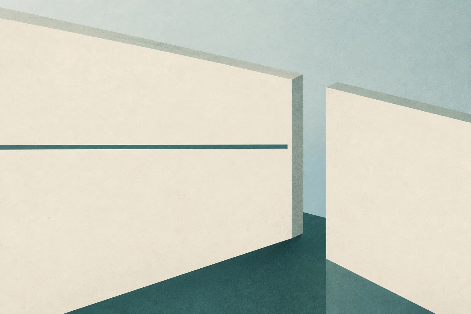 Muted cream planes sit apart, crossed by a thin dusty-teal line that stops at a narrow gap.