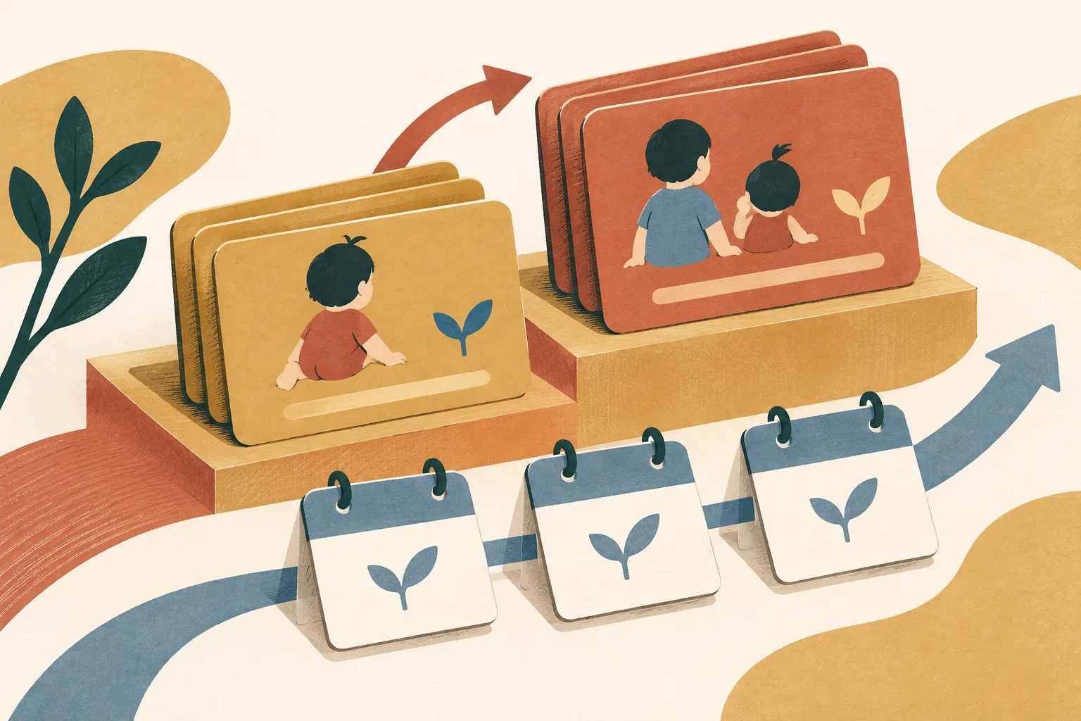 Layered terracotta and ochre grant cards form two rising tiers beside a three-part calendar motif on a cream background.