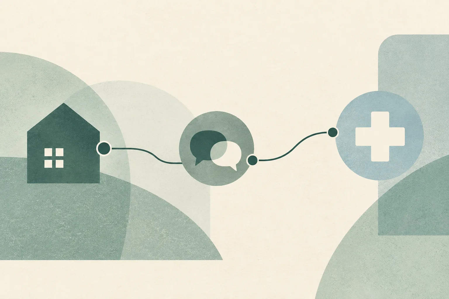 Muted green and cream geometric planes linked by a fine line, with a small medical cross.