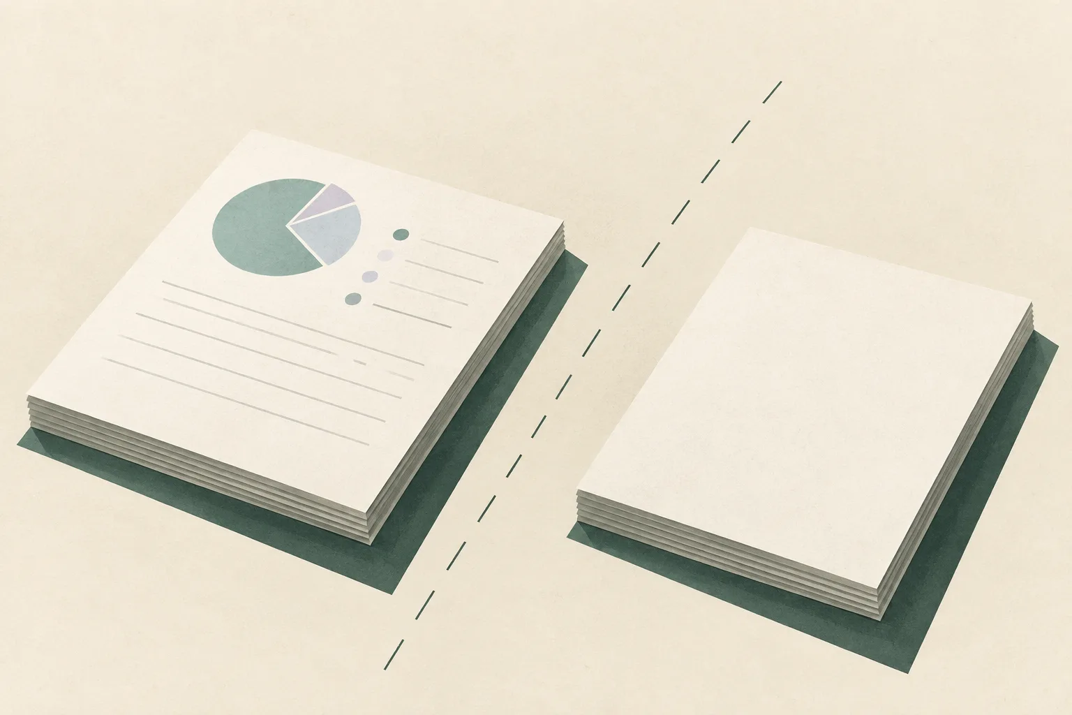 Two pale, unmarked paper-like planes sit apart on a cream background, divided by a fine interrupted line. Subtle ruled divisions appear on one plane.