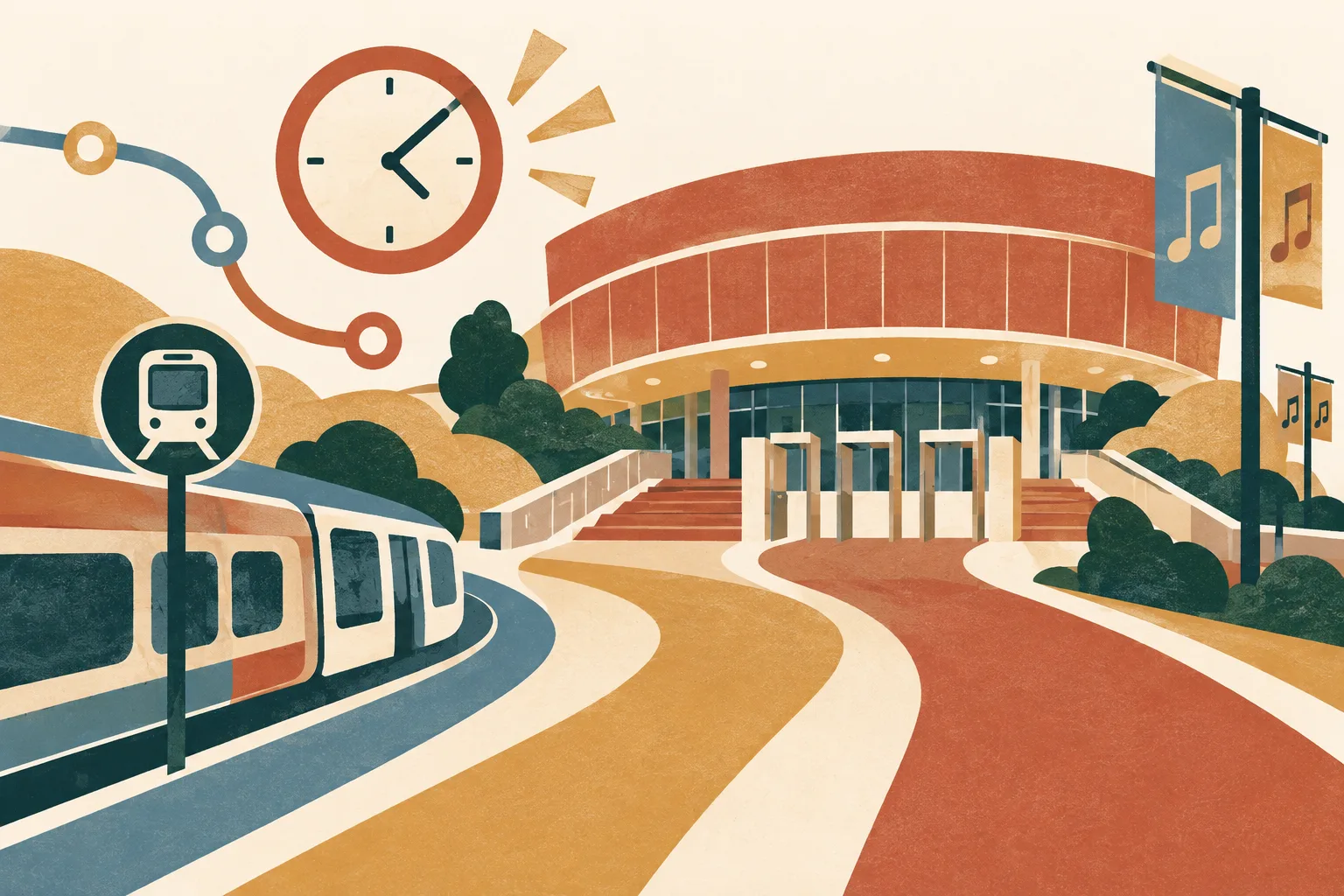 A simplified concert venue and entry point sit amid warm terracotta and ochre shapes, with a clock motif and abstract public-transport lines connecting the scene.