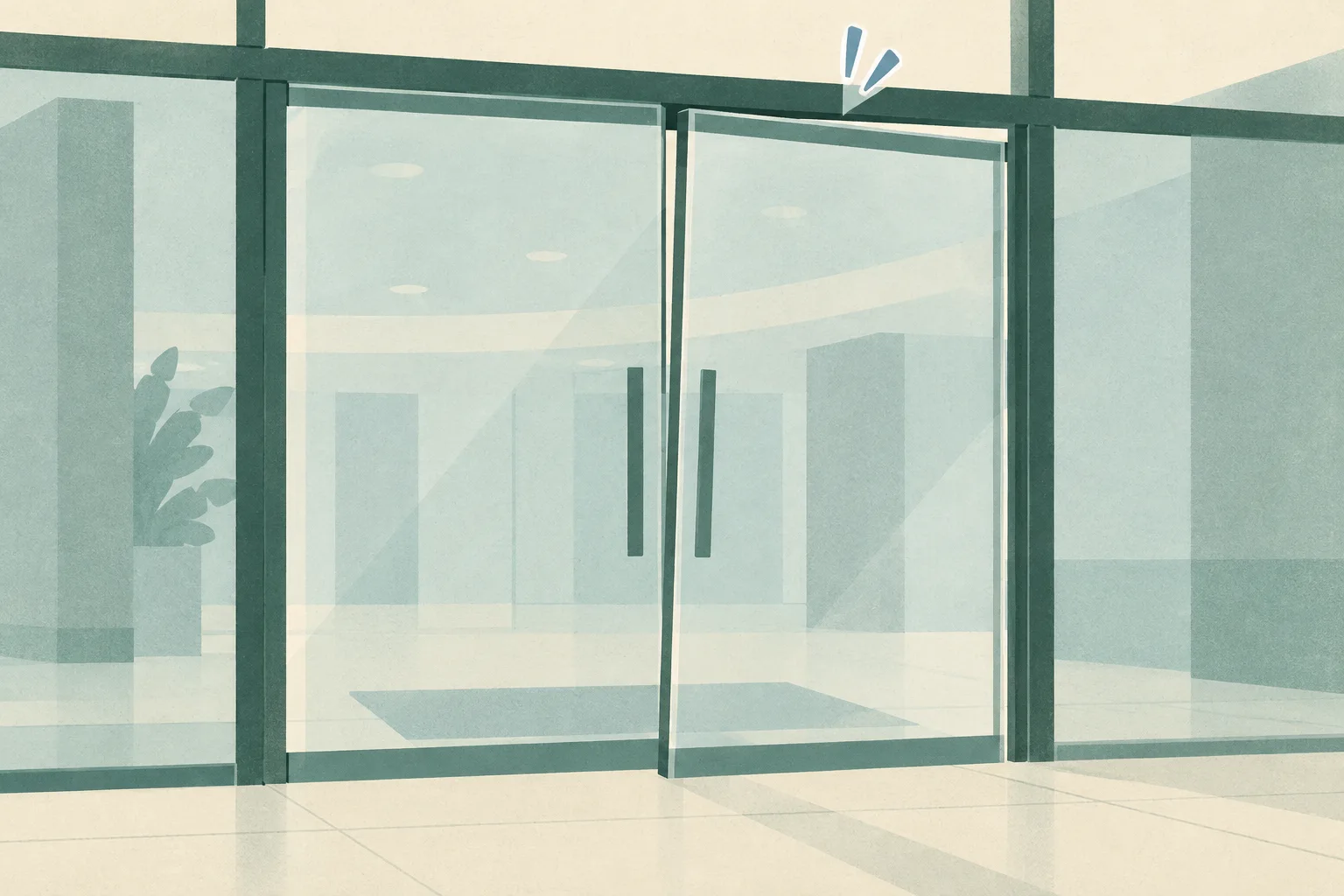 An abstract glass entrance panel sits slightly apart from its frame, with subtle inspection lines against a soft cream background.