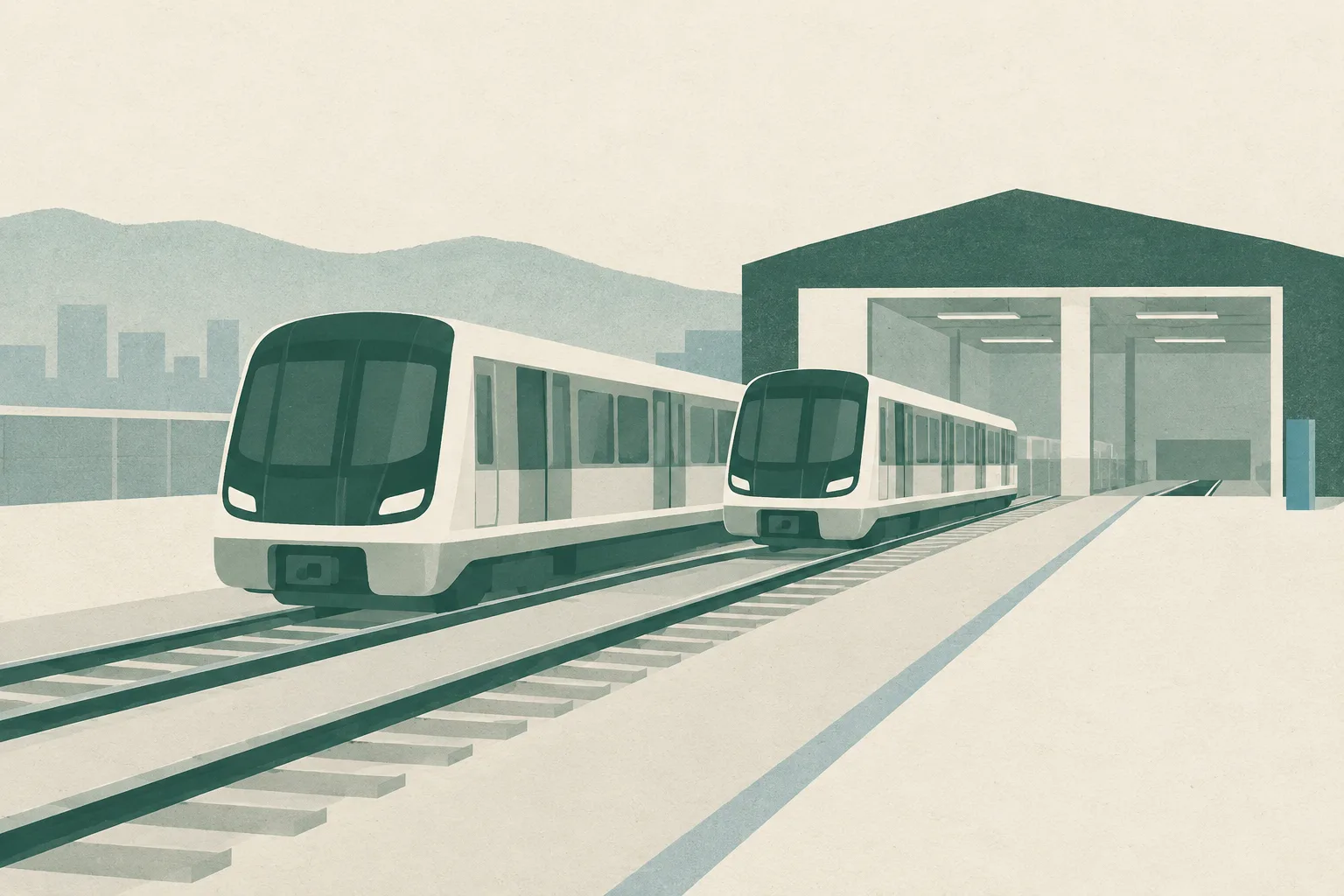 Two simple empty train forms sit beside parallel track lines leading toward a plain inspection outline on a light cream ground.