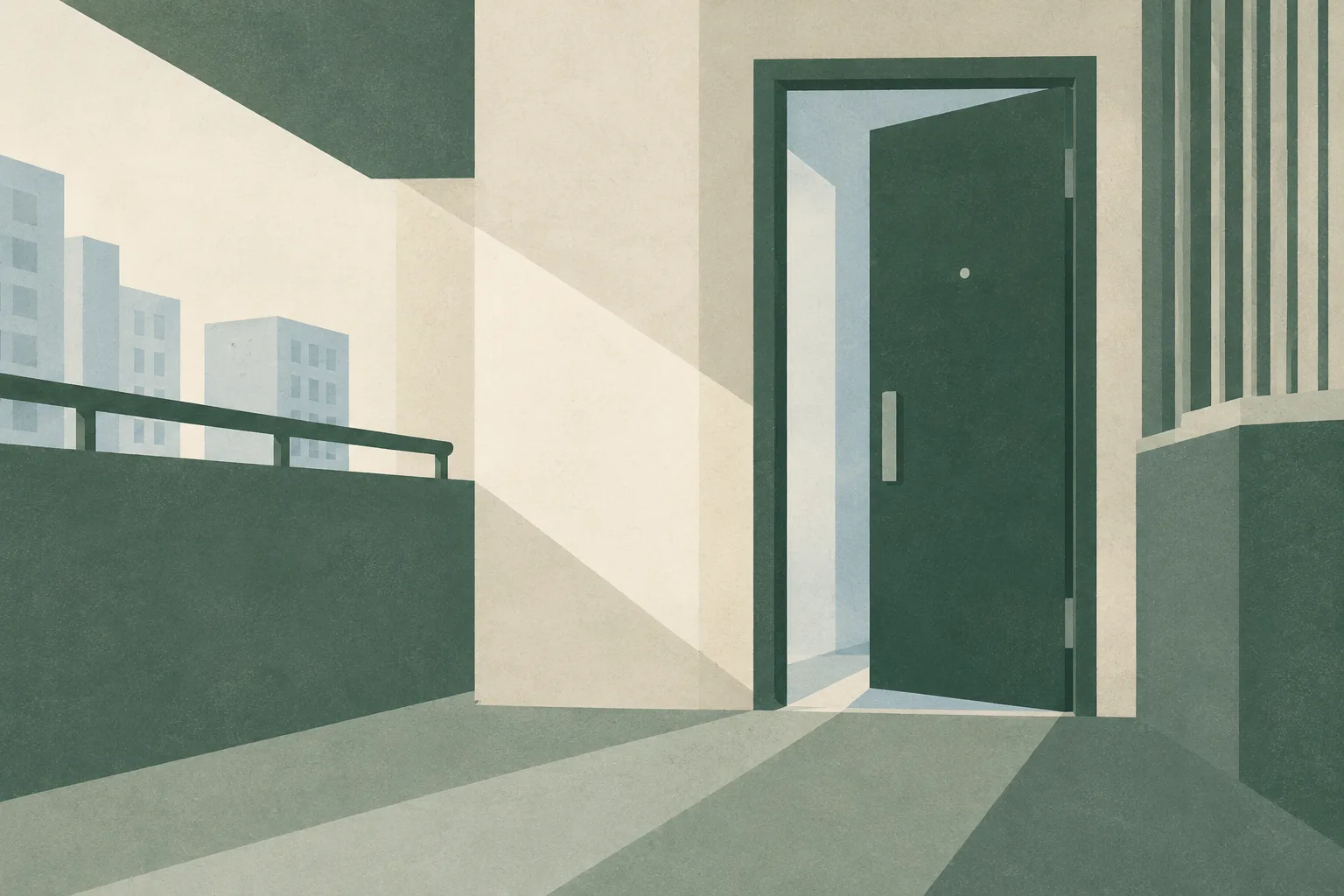 Sparse abstract illustration of a residential threshold made from overlapping cream and muted green planes, with a small interruption in the geometry.