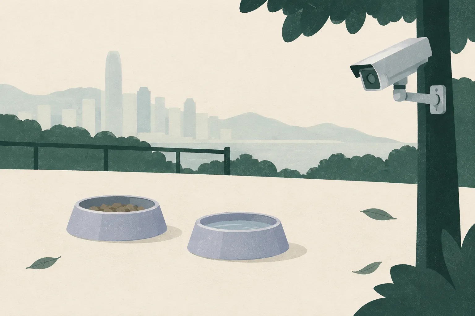 Two plain food bowls sit apart on a muted green ground, with a small abstract camera shape nearby.