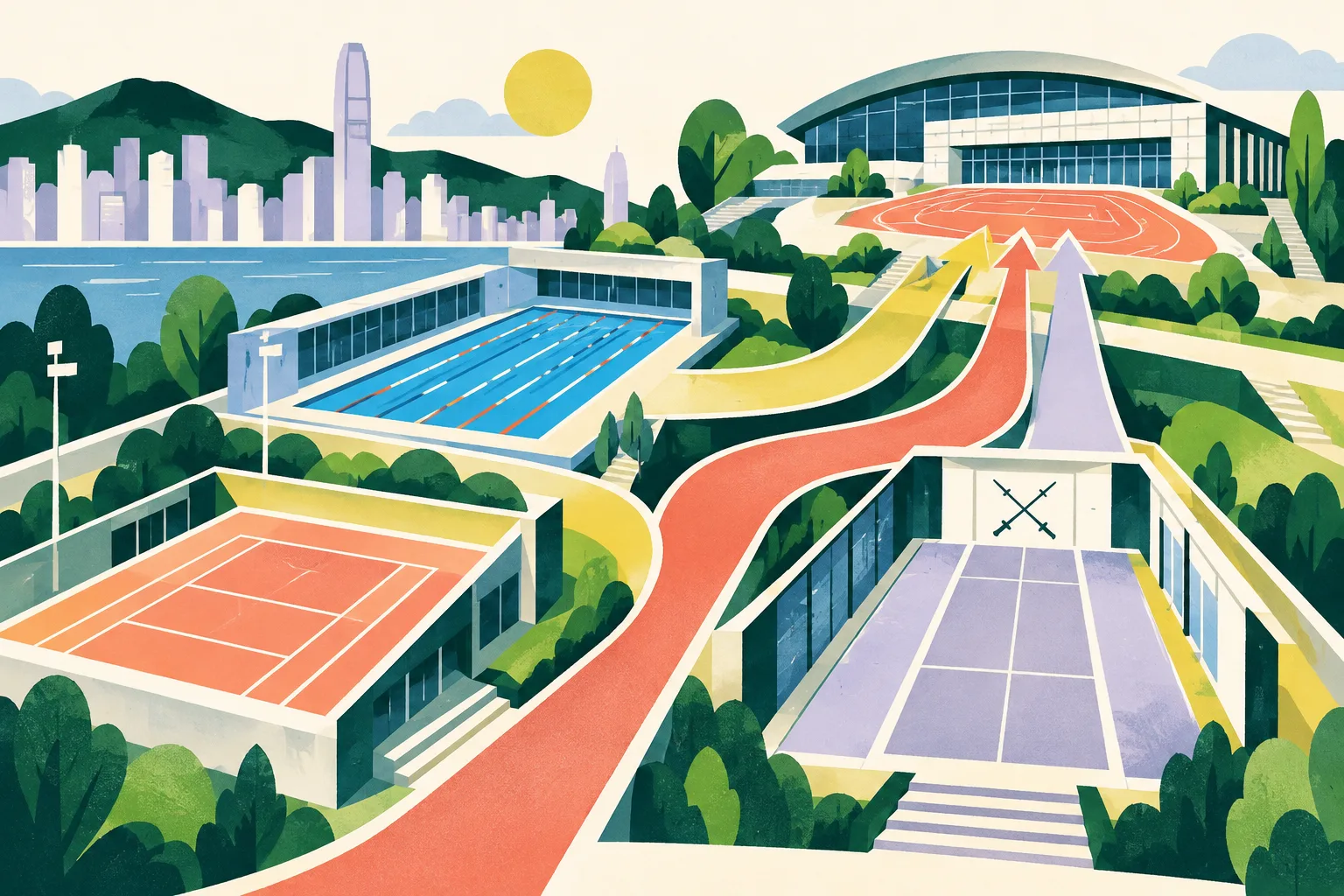 A colorful collage of abstract sports courts and training spaces linked by geometric paths, with simplified swimming lanes, a fencing strip and tennis-court markings.
