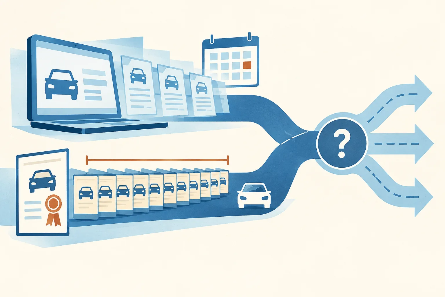 An abstract blue transport-flow diagram separates platform applications from vehicle permits, with a generic car symbol, a capped row of permit tiles and an open branching junction.
