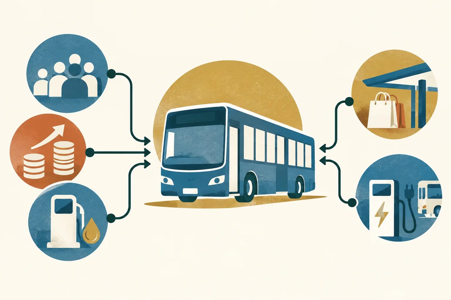 A generic bus sits among branching shapes representing operating costs, passenger travel, interchange retail and vehicle charging.