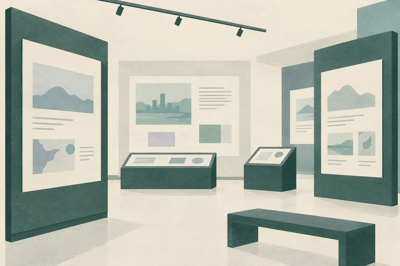 A sparse museum display with several unlettered exhibition panels and abstract content tiles, arranged against a soft green and cream background.