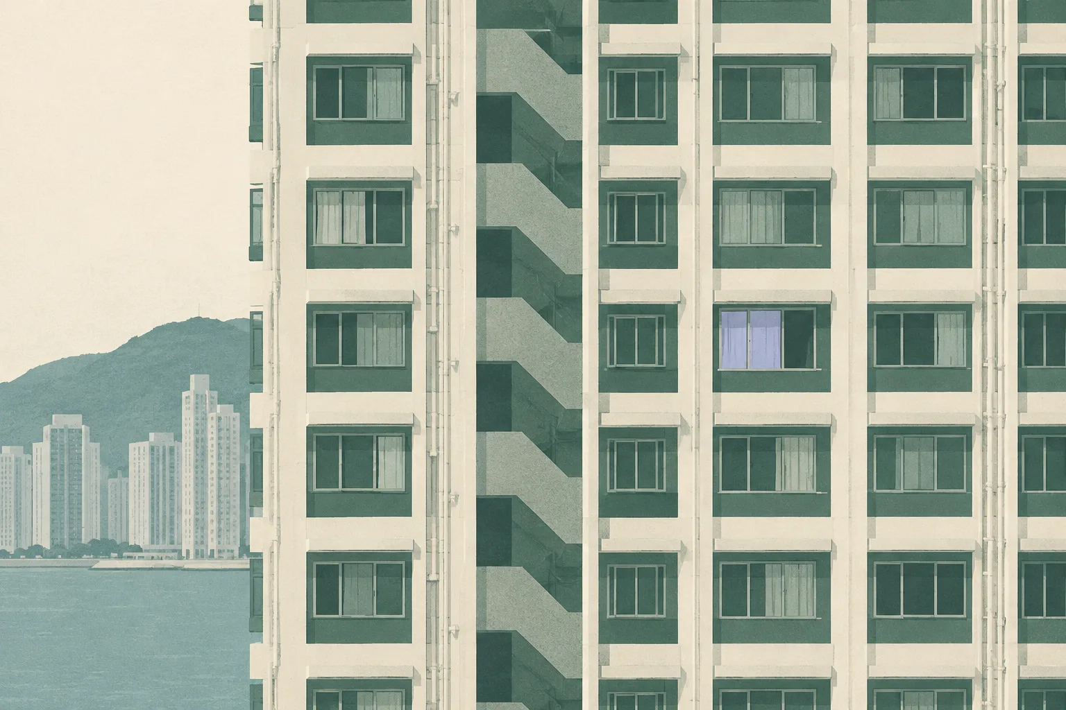 A simplified residential facade in muted green and cream, with a gently interrupted pattern of windows.