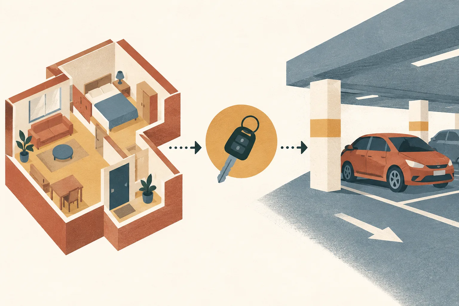 A simplified flat shape and a parked-car silhouette are linked by a key motif in a clean, layered diagram.