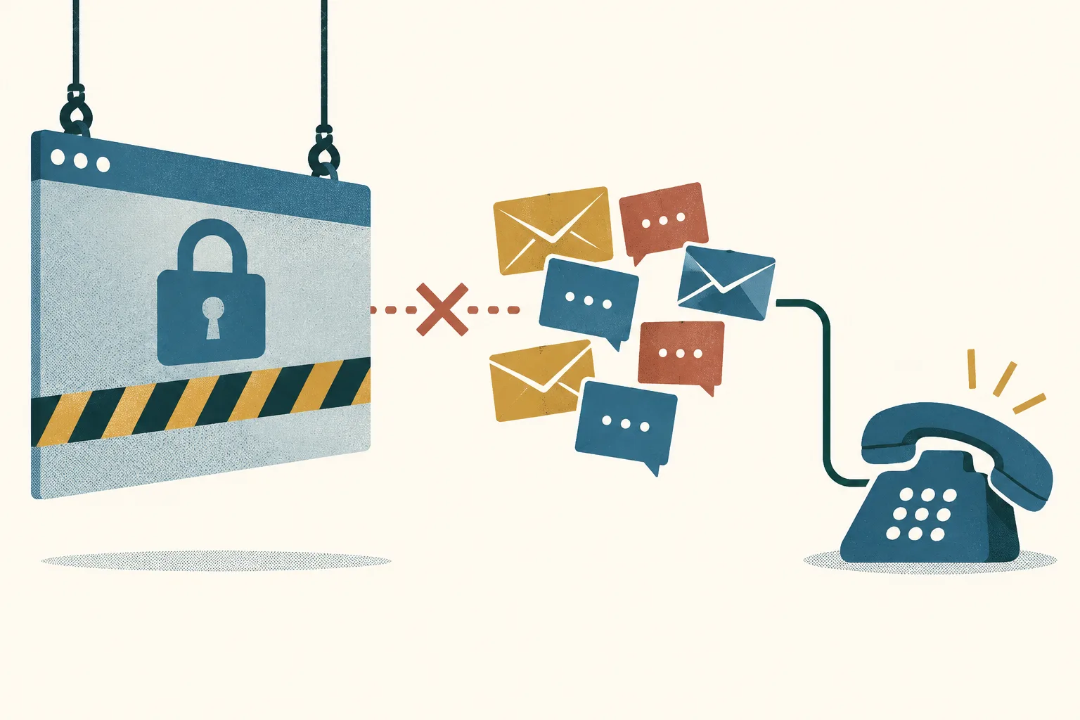 An abstract diagram shows a suspended website panel beside unmarked message cards, with a separate telephone handset connected to an alternative route.