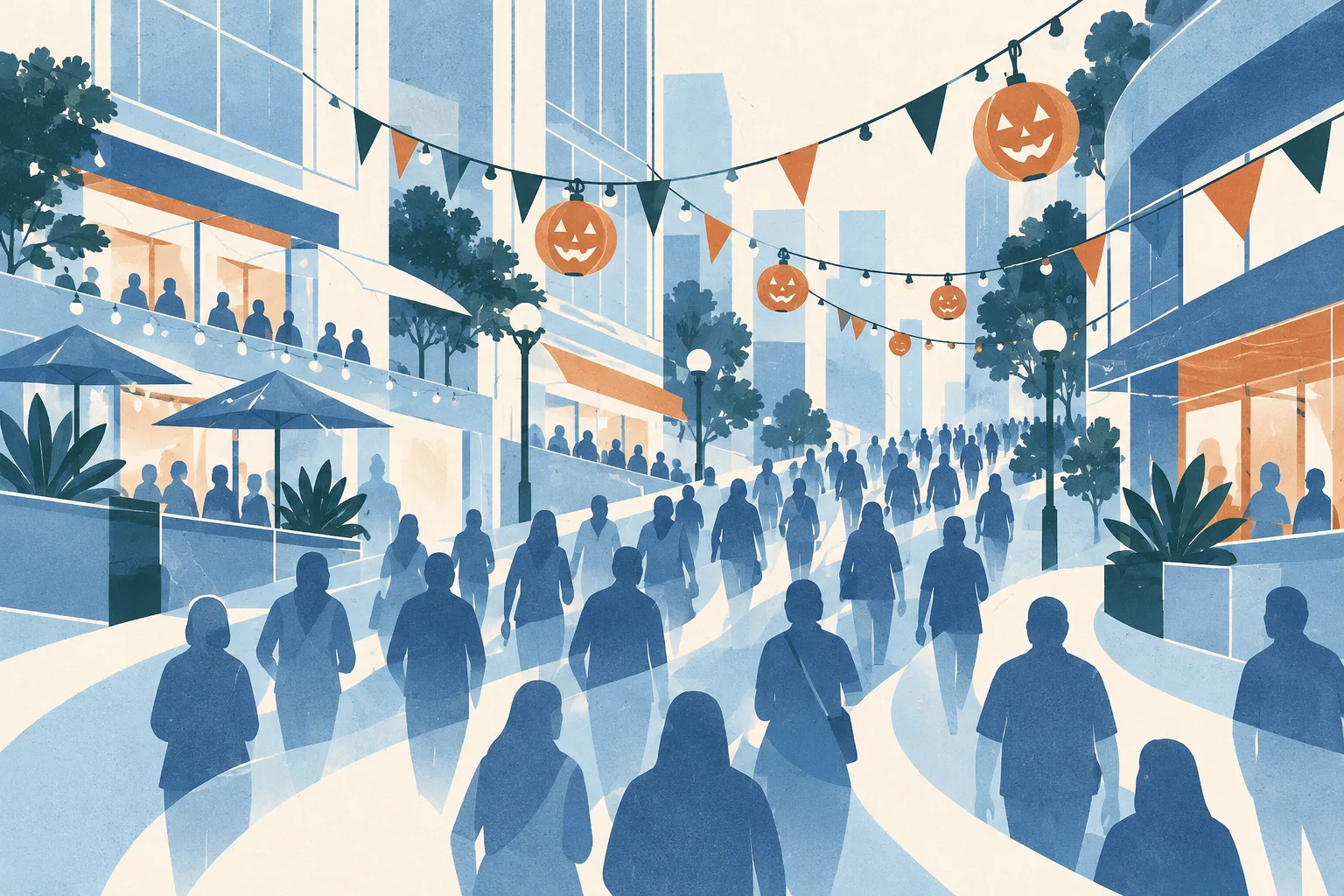 A generic street corridor in light blue architectural lines, crossed by flowing bands and small festive geometric shapes.
