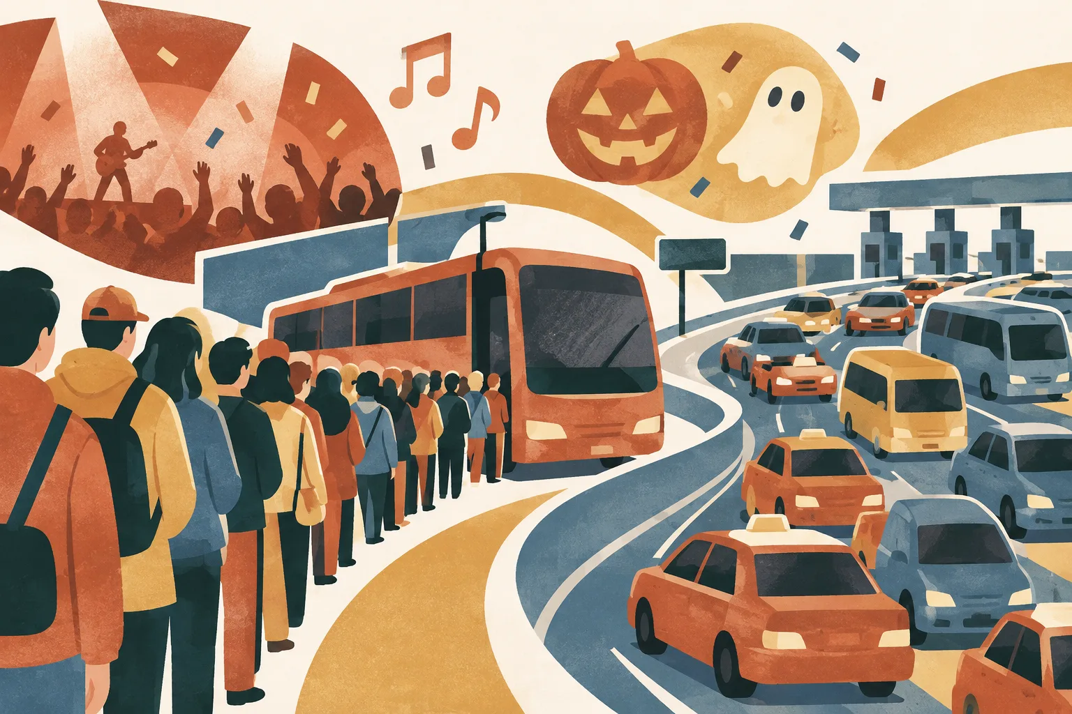An abstract city-transit illustration with a generic overnight bus, small vehicle shapes on layered road bands and an unnumbered row of markers suggesting a queue. Simple event accents sit apart from the traffic forms.
