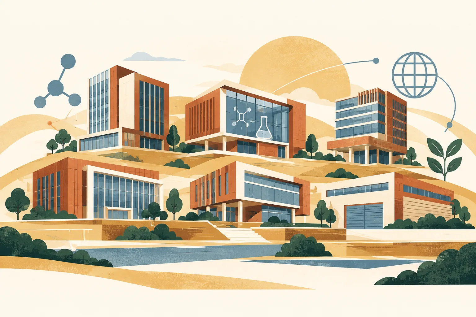 Six terracotta and ochre modular blocks form a lively collage, with layered workspace bands and small abstract research motifs on a cream background.
