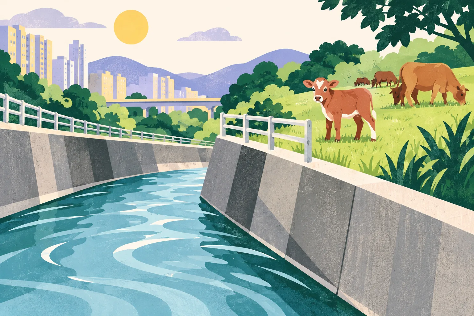A small calf stands safely beside a few cattle on a grassy bank next to a broad, abstract concrete river channel, rendered in layered cut-paper shapes.