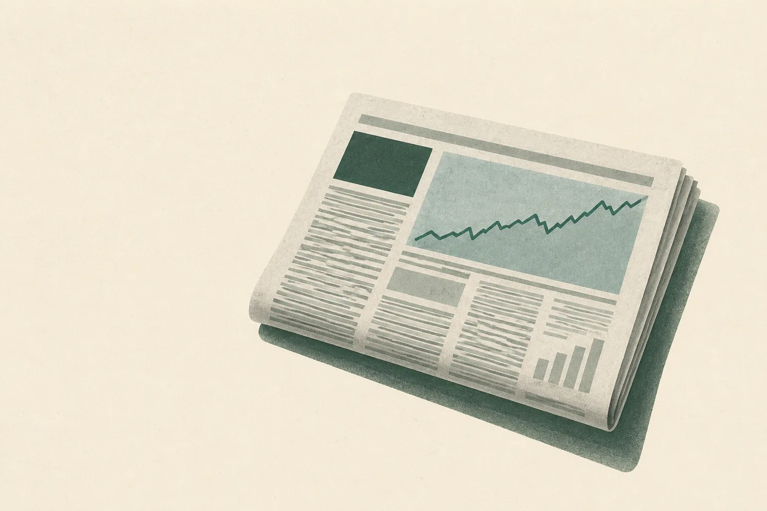 A folded financial newspaper with an abstract stock line rests alone on a pale surface, surrounded by generous empty space.