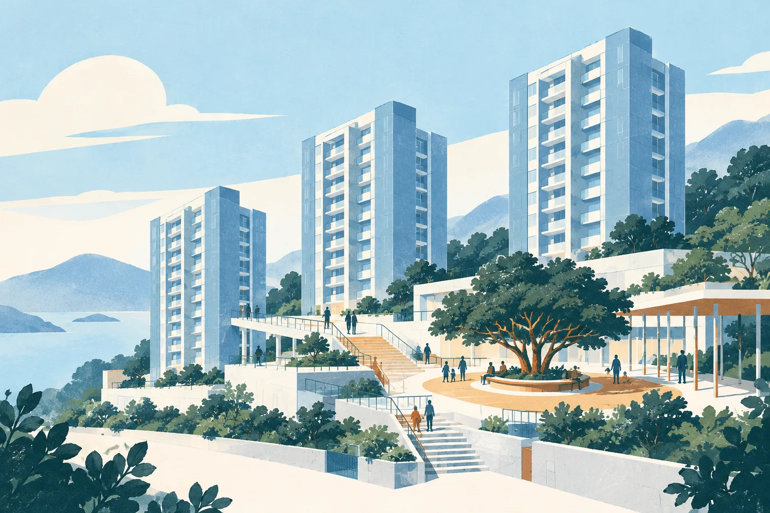 Three simplified residential towers step across a green hillside beside a shared plaza with a courtyard and a broad-canopied tree.