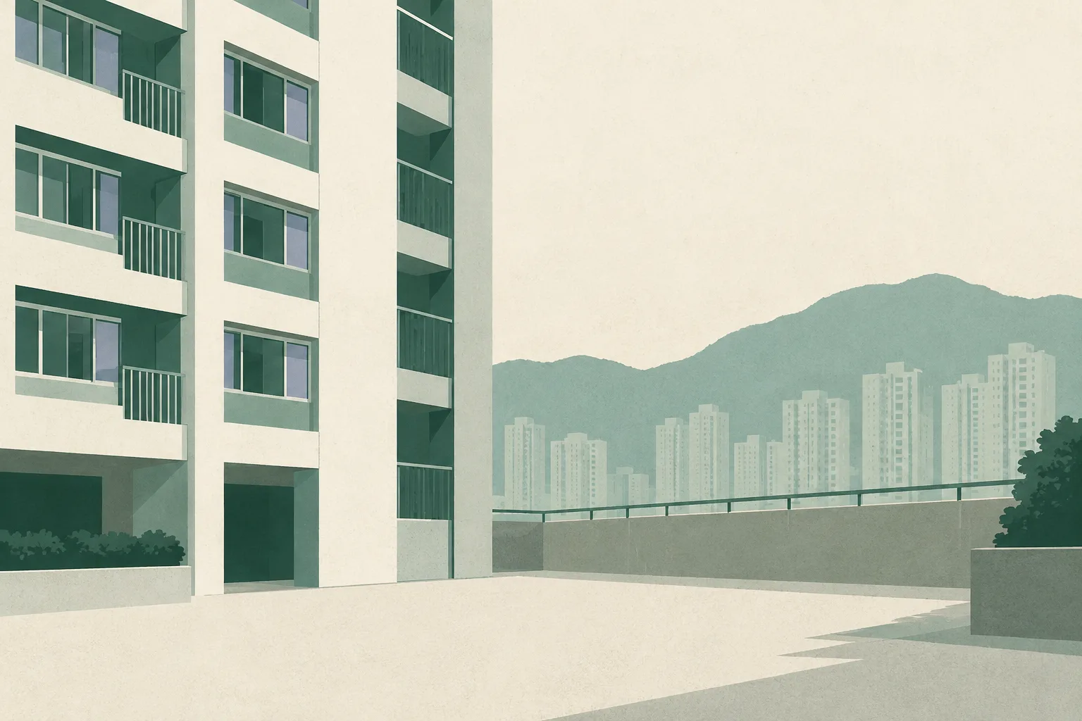 A simplified residential facade in muted green and cream, beside an empty, softly defined exterior space.
