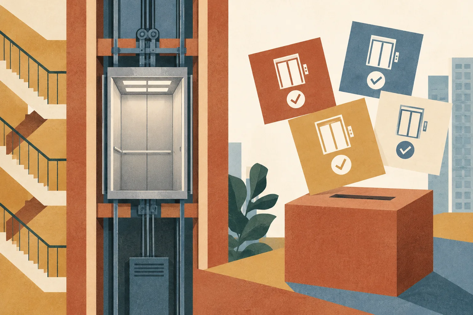 A simplified residential lift shaft and elevator cabin sit beside a cluster of abstract ballot tiles in terracotta, ochre, cream and slate blue.