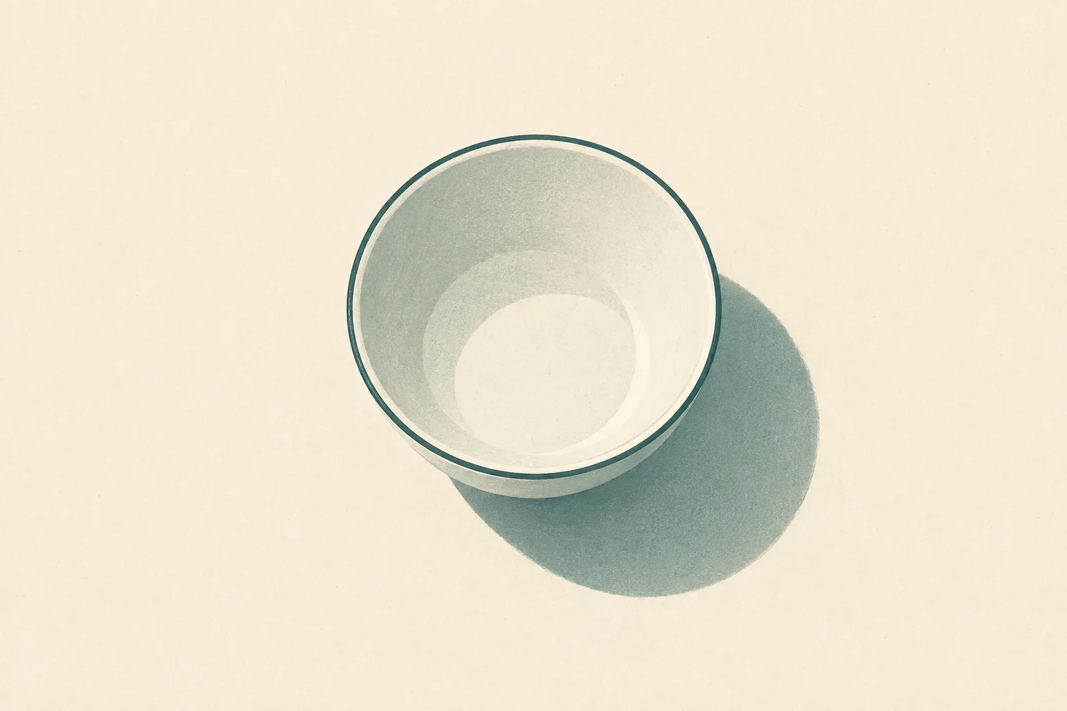 A plain empty bowl rests on a cream surface, with a soft muted teal shadow and generous empty space.