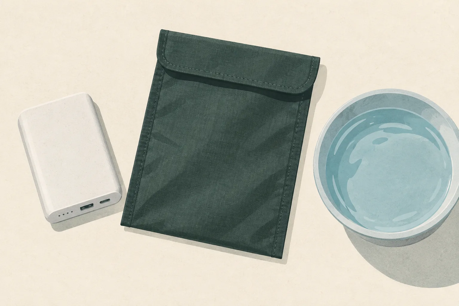 A plain power bank rests beside a fire-resistant bag and a shallow vessel of water on a muted cream surface.