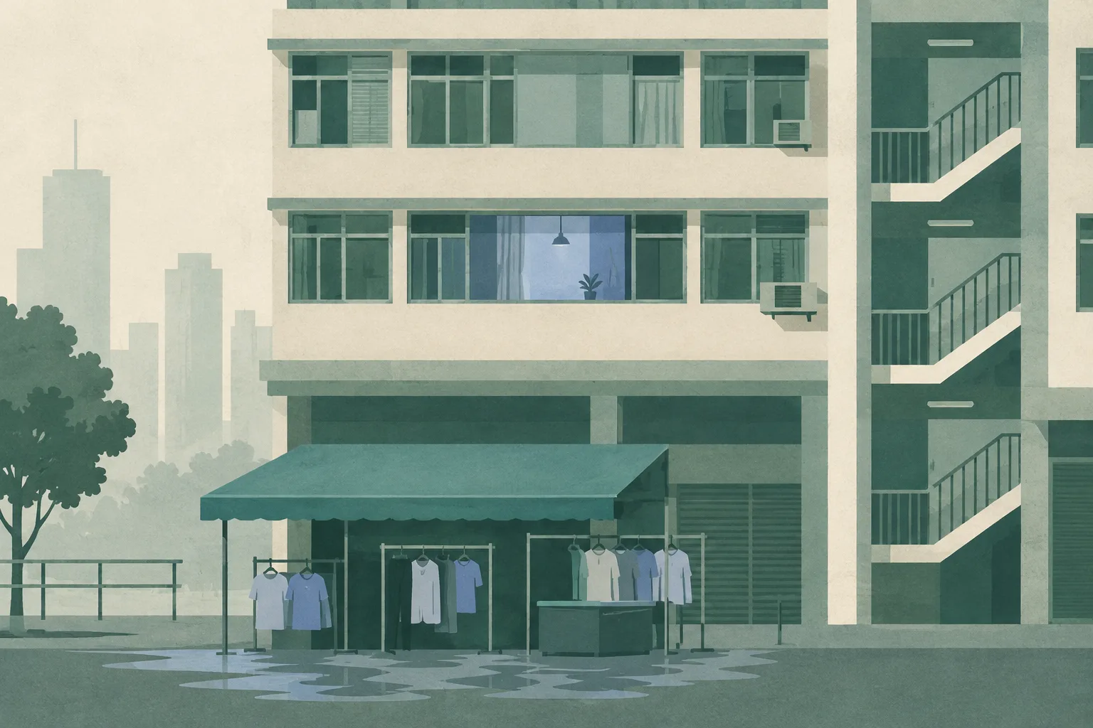 A simple cream building shape with one muted teal third-floor window sits above a few understated shapes of damp clothing.