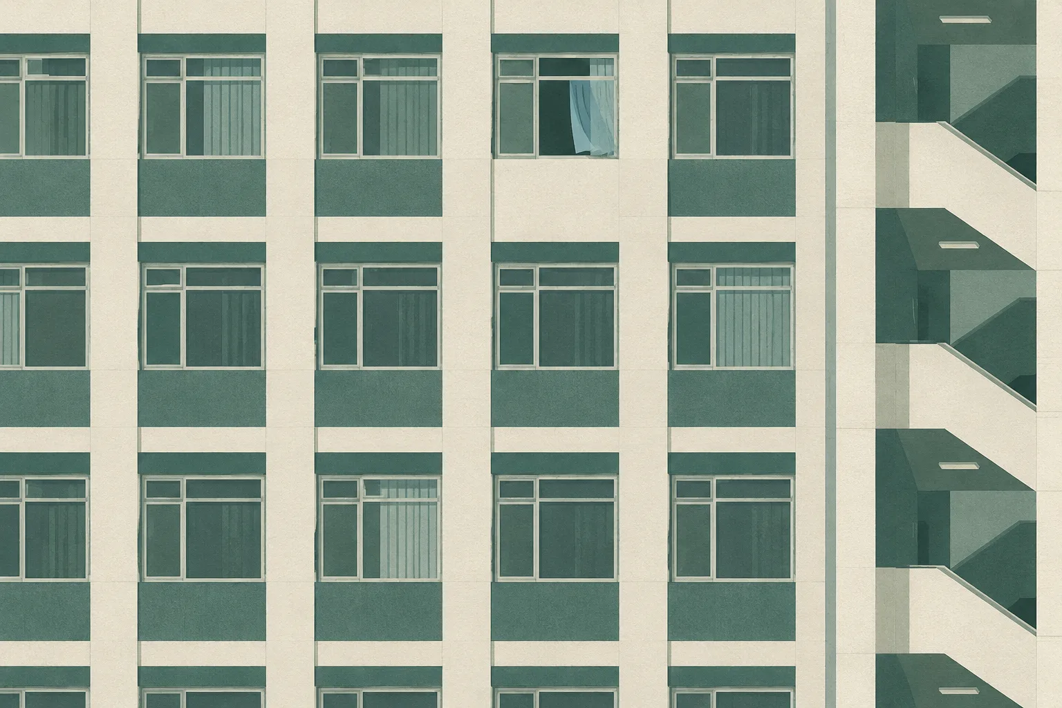 A simplified cream tenement facade with muted green window shapes and a small break in the regular pattern.