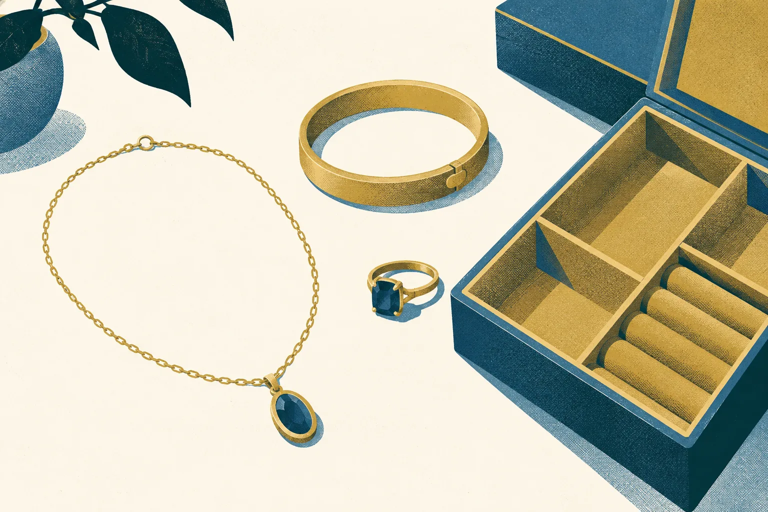 A top-down arrangement of simple necklace, bracelet and ring outlines beside empty geometric compartments on a cream background, accented with petrol blue and ochre.