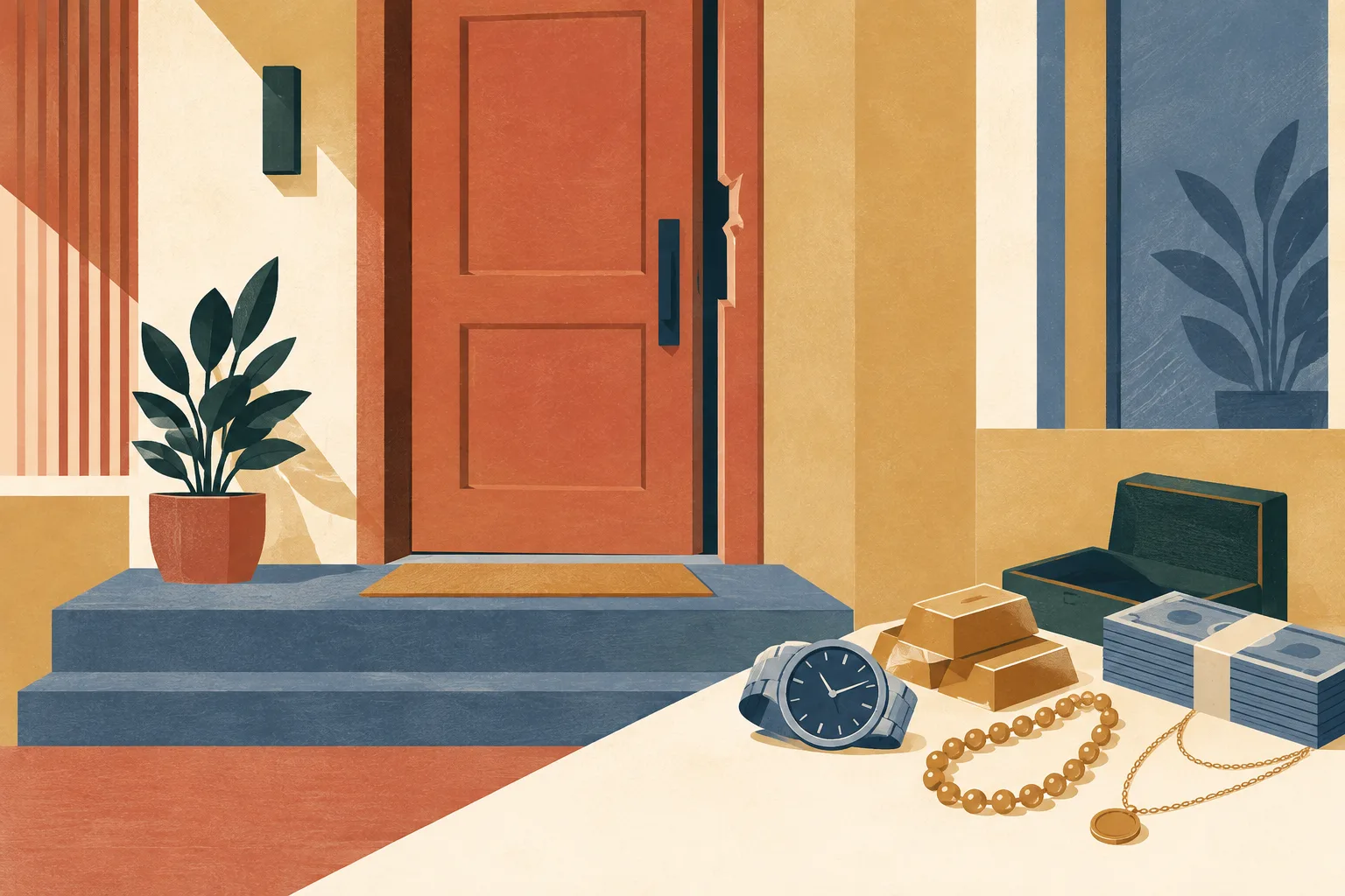 A generic home doorway appears as layered terracotta, ochre, cream and slate-blue shapes, with a small break in the door outline and simple abstract forms nearby.