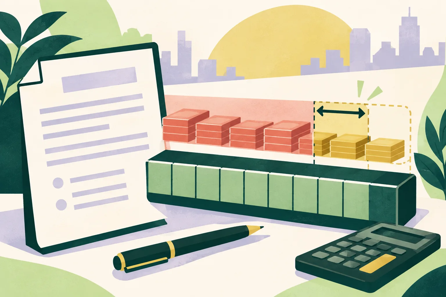 An abstract contract sheet and salary bar sit beside a bright 15% marker, with a dashed edge suggesting that the proposed limit is not yet final.