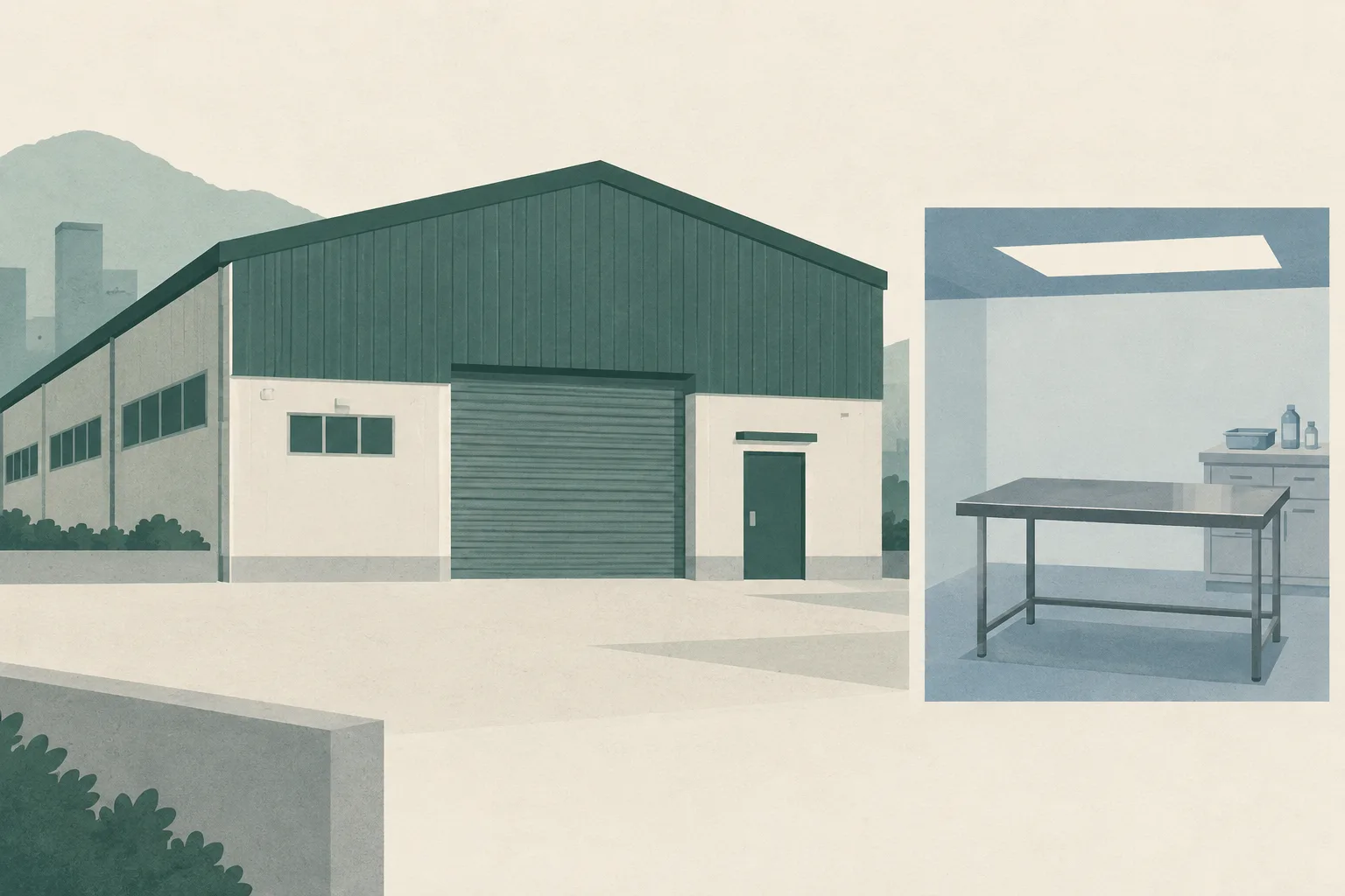 A simplified warehouse form stands beside a separate, unmarked inspection panel on a cream background.