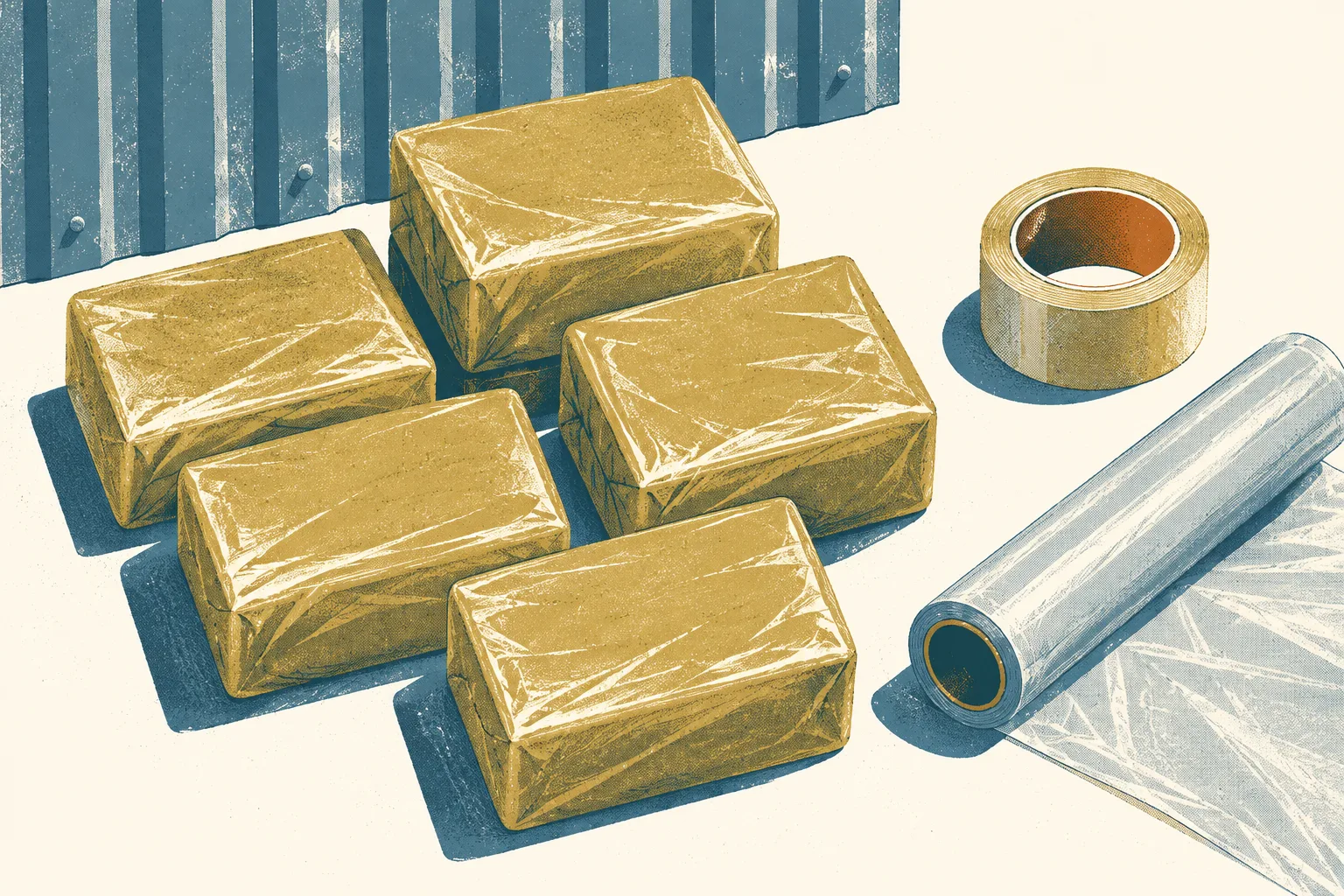 Unmarked sealed bundles and simple packaging materials arranged on a light surface beside a ribbed metal panel, illustrated in cream, mineral blue, and small ochre accents.