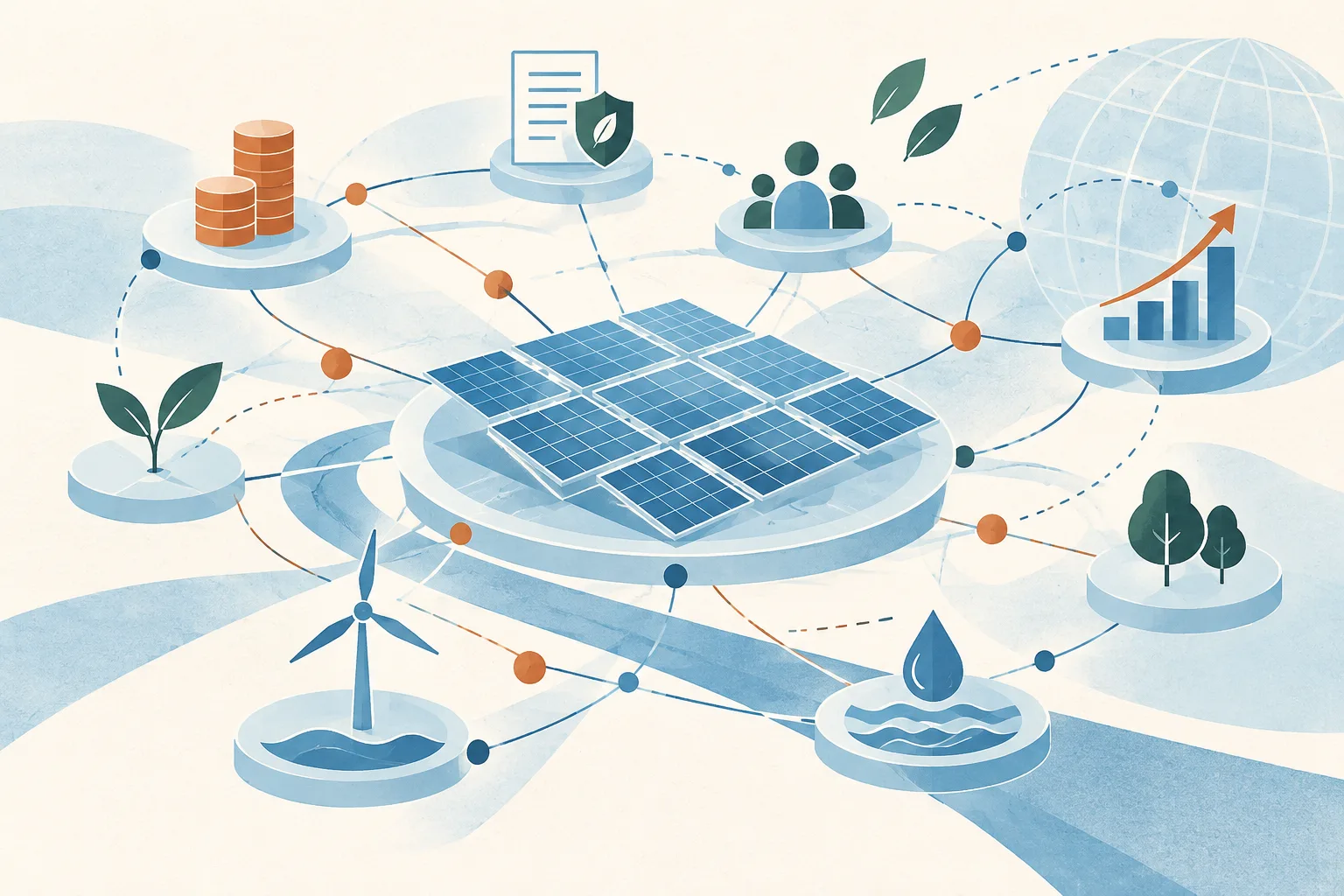 An abstract arrangement of clean-energy grid tiles, data nodes and curved pathways linking several simple project and finance symbols across a light blue and cream field.