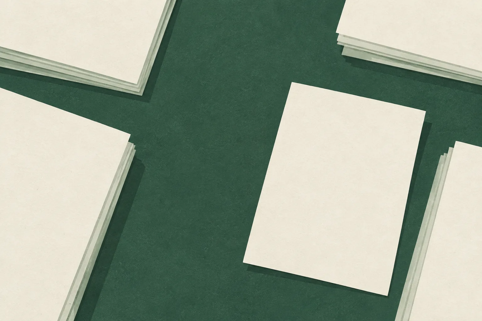 Blank cream papers sit slightly offset on a muted green surface, with an open space between them.