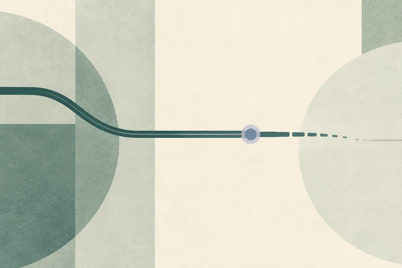 Muted green and cream planes crossed by a fine line that breaks and fades into open space.