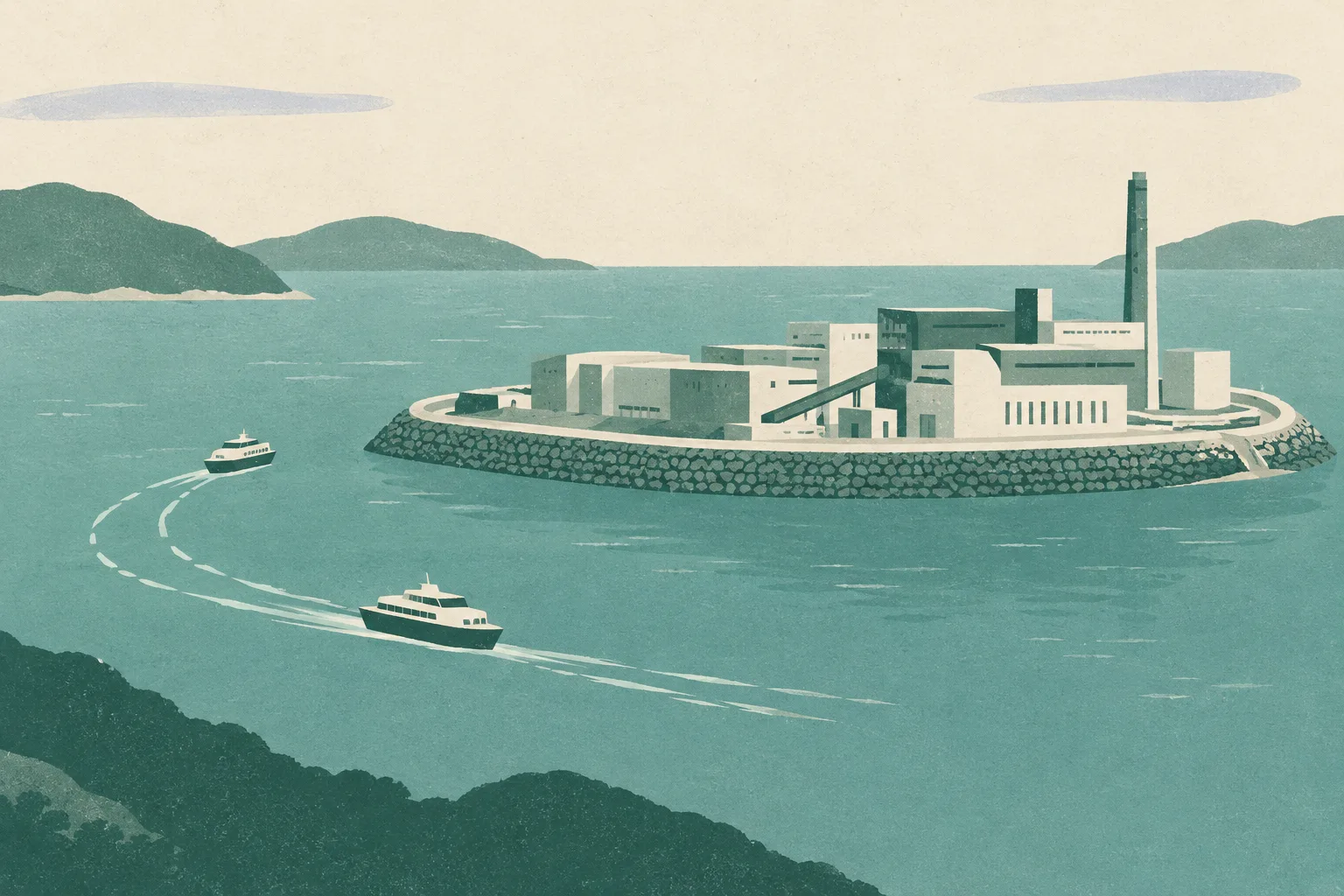 A simplified industrial facility on an abstract island, separated by a clear boundary from a few small boat shapes and quiet route lines.