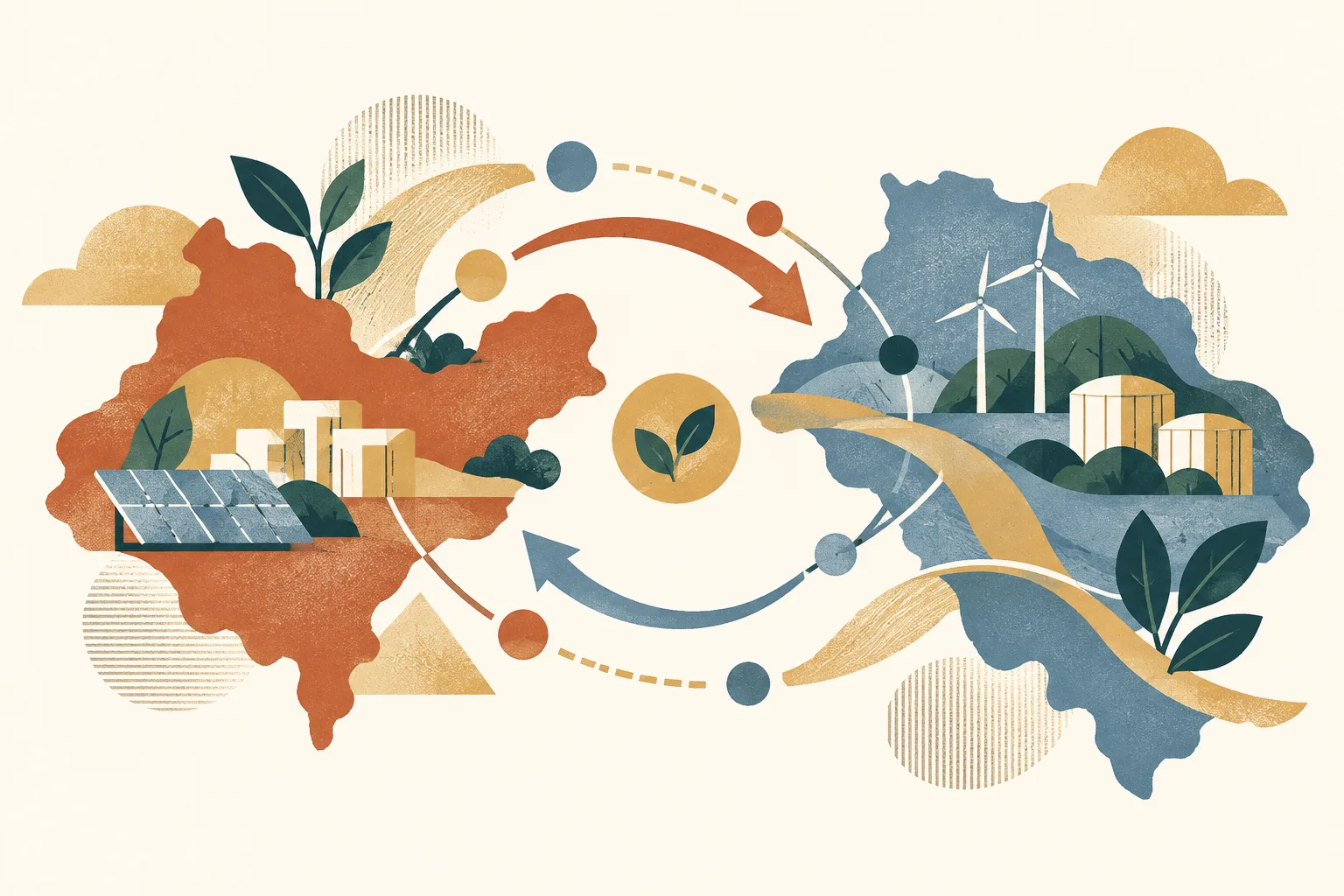 Two abstract regional forms are connected by looping paths and small exchange nodes, with layered geometric shapes suggesting green industry and resource circulation.