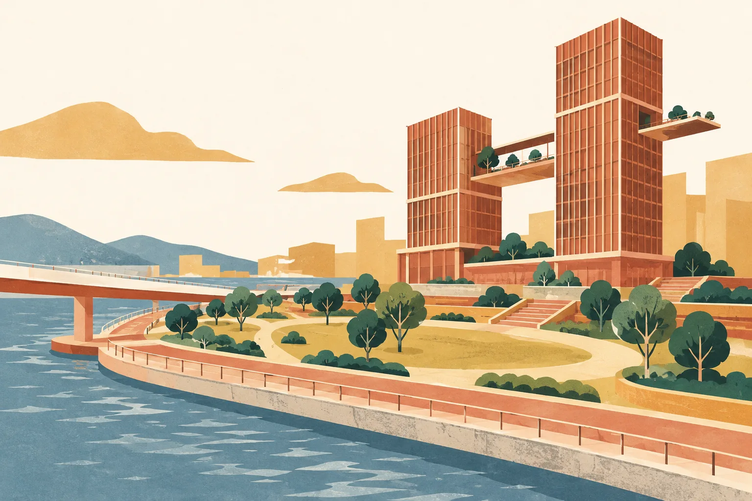 A cut-paper waterfront planning collage shows an open public-space zone beside two proposed linked towers, with simple bands suggesting a widened pedestrian bridge and promenade.
