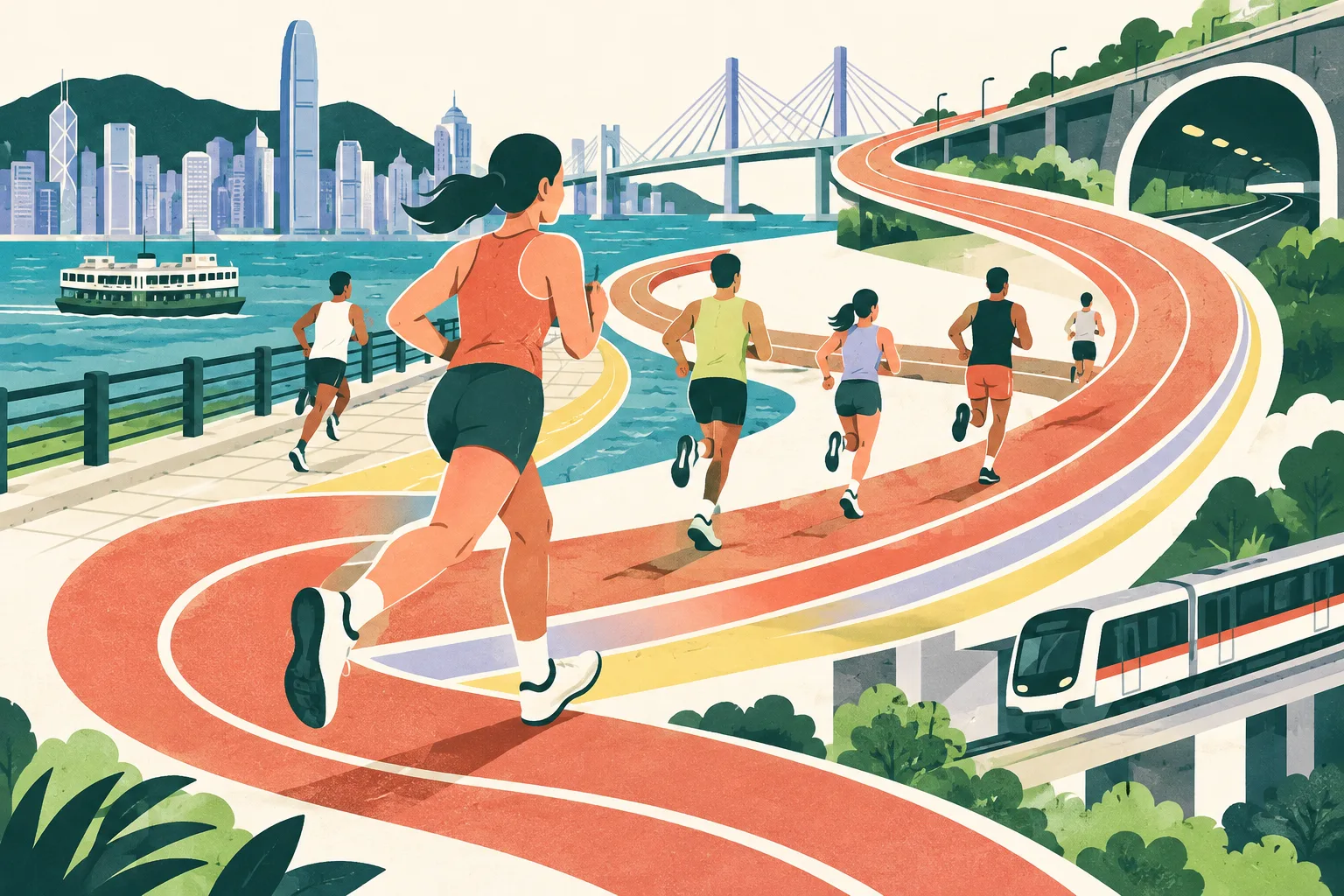 Layered coral, blue and ochre route ribbons loop past simple road, tunnel and rail symbols on a warm cream background.
