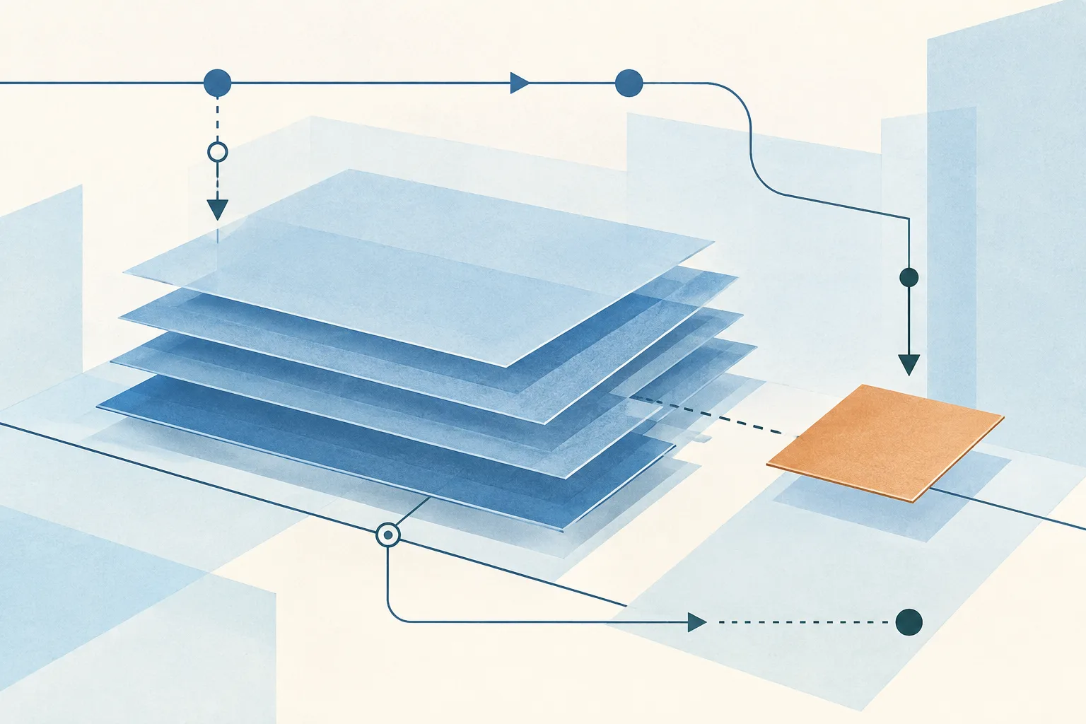 Layered pale-blue planes sit within fine blue linework, with one small ochre block set apart from the main arrangement.