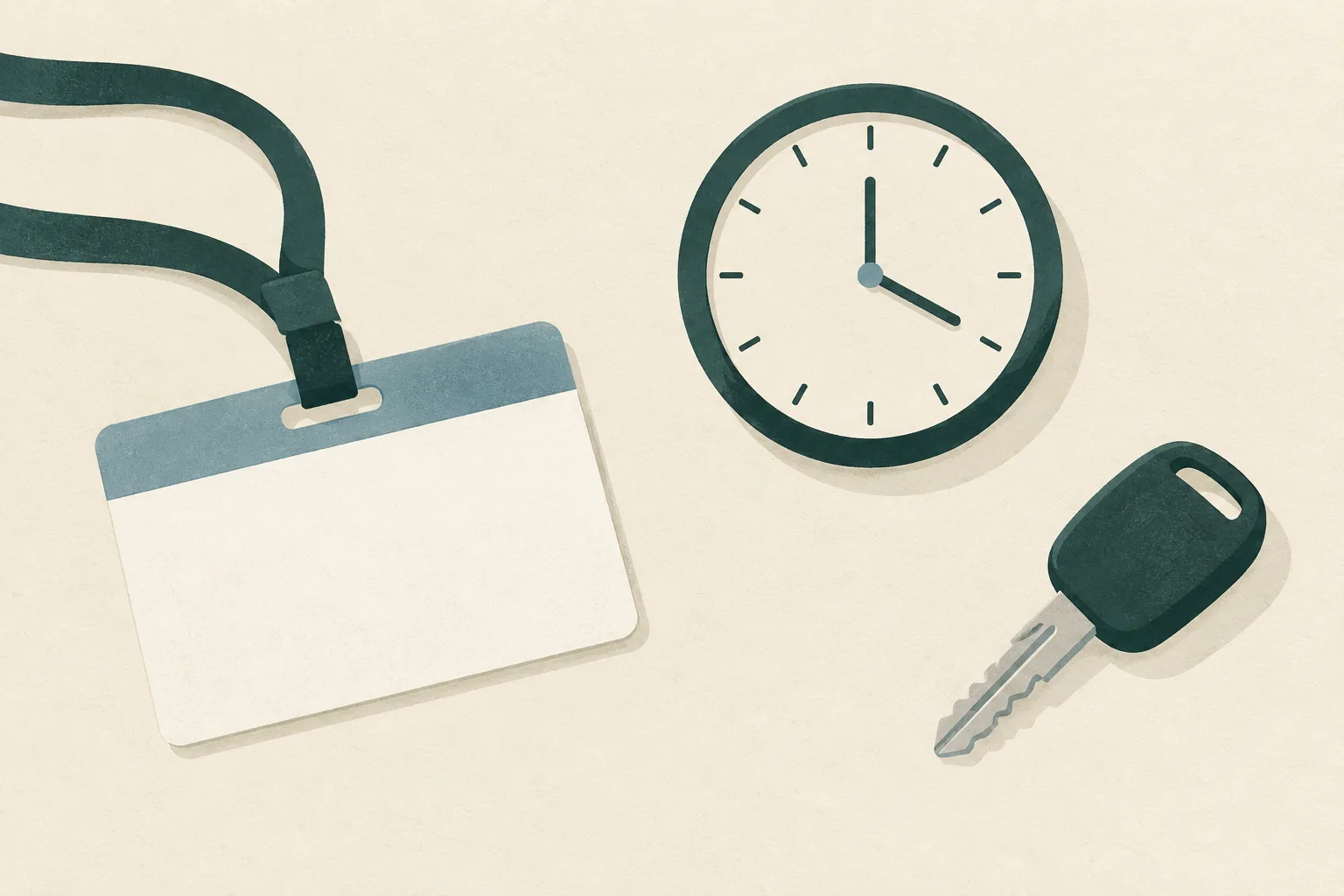A blank pickup pass, a simple clock face, and an unmarked vehicle key rest apart on a pale cream surface.