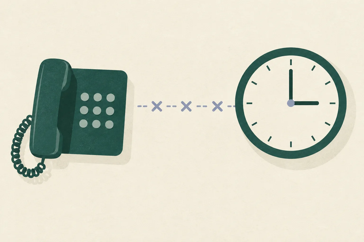 A simple clock showing three o’clock sits beside a generic telephone, with a few interrupted call lines on a pale background.