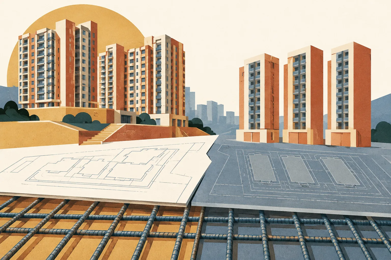 A layered architectural collage shows three simple housing blocks above a neat rebar grid, with a pale dividing plane separating two construction-plan layers.