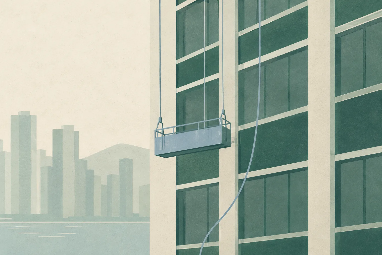 An abstract high-rise facade with a small suspended platform shape and a fine rescue-route line, shown in muted green and cream.