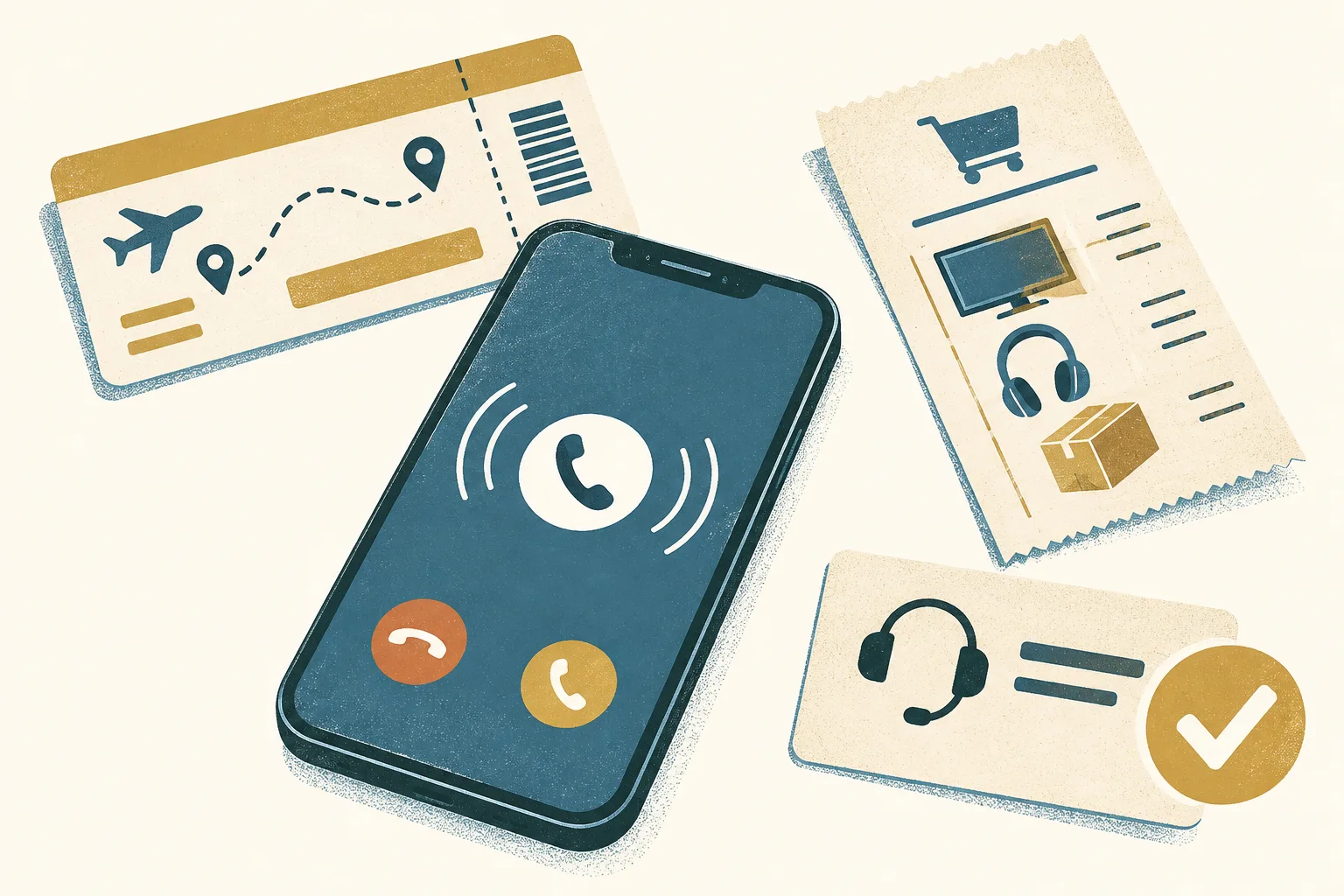 A generic smartphone, separate abstract travel and retail information slips, and a contact card arranged on a light background, with a simple loop marking verification.