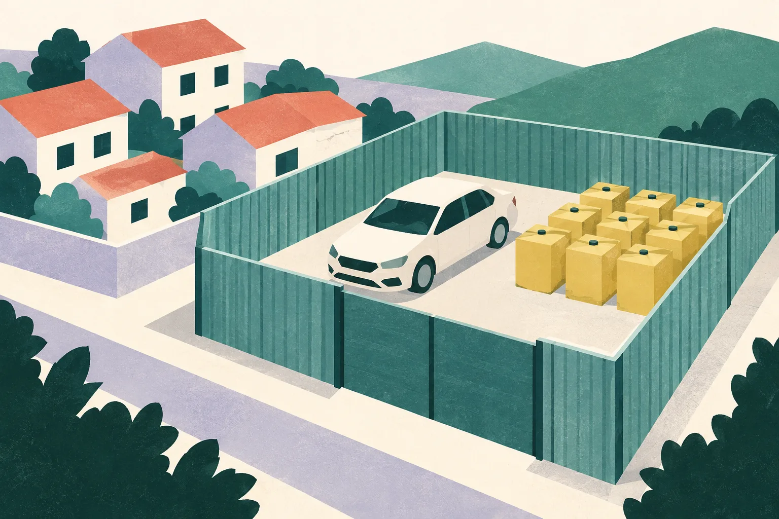 An abstract enclosed-yard shape, a simple car form and amber blocks sit near small home shapes on a light background.