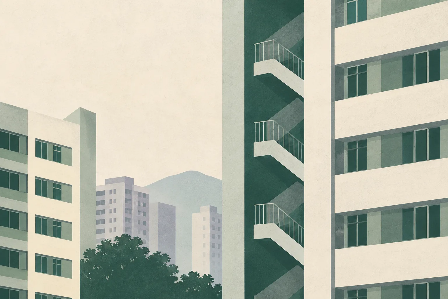 Sparse green and cream architectural planes suggest a residential block and an abstract stairwell, separated by generous empty space.