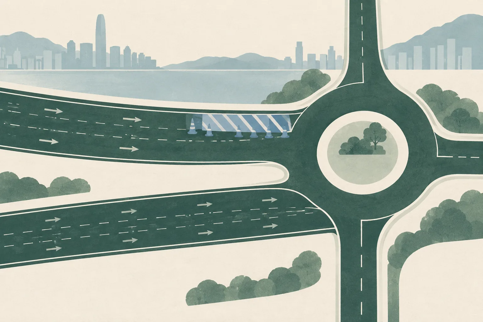 A muted abstract road diagram shows a short closed lane beside a simple roundabout shape, with roadway lines continuing beyond it.